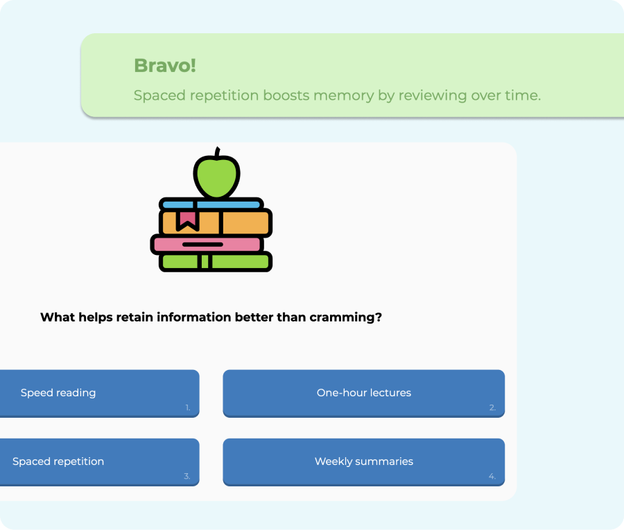 Example quiz screen showing a question and multiple answer options.