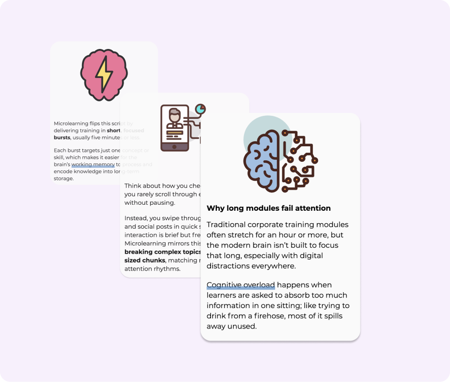 Short lesson cards summarizing key concepts in digestible chunks.