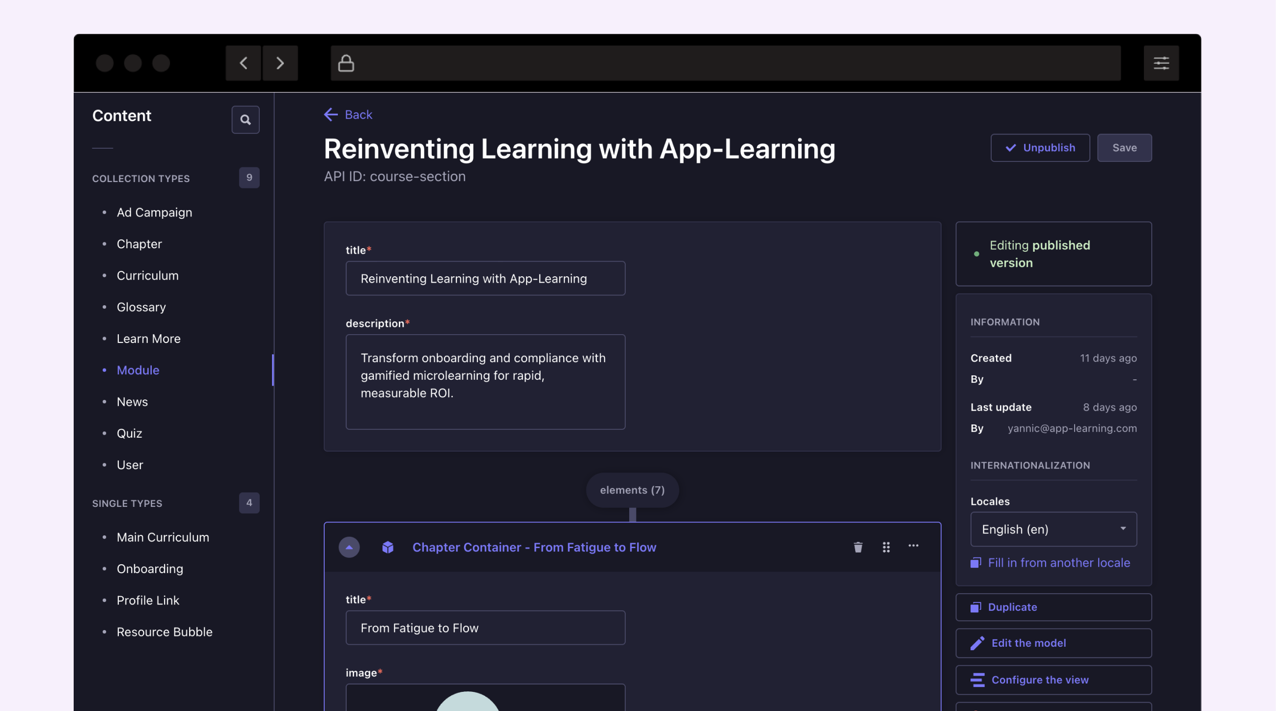 Authoring interface showing course creation and content management in App-Learning.